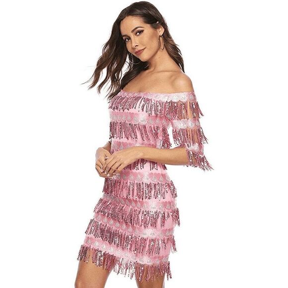 💗✨ 6PCS 1920s Great Gatsby Flapper Pink Sequin Dress & Accessories Set XL NEW - Picture 6 of 16